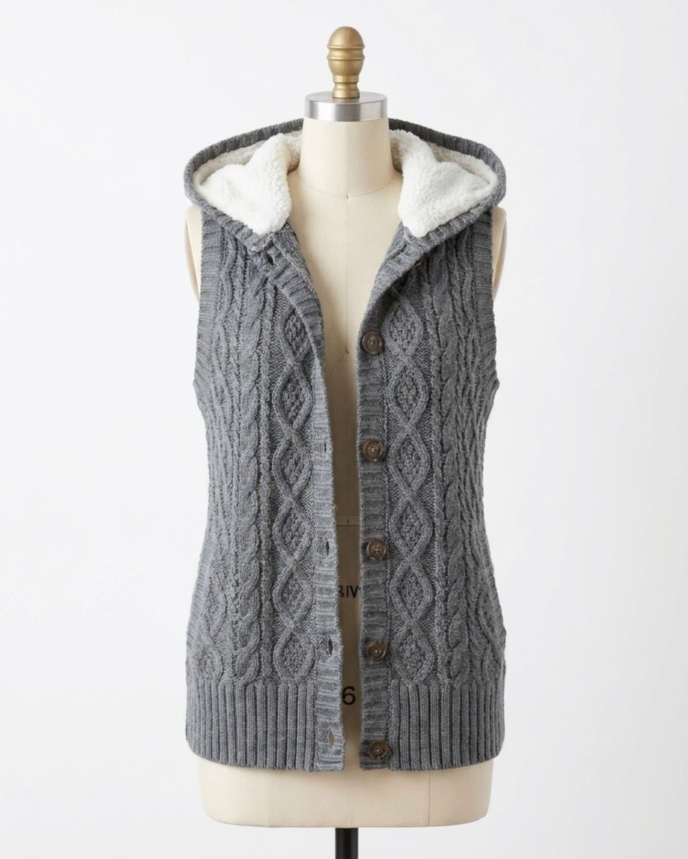 NEW GRACE AND LACE hooded cable knit vest in charcoal